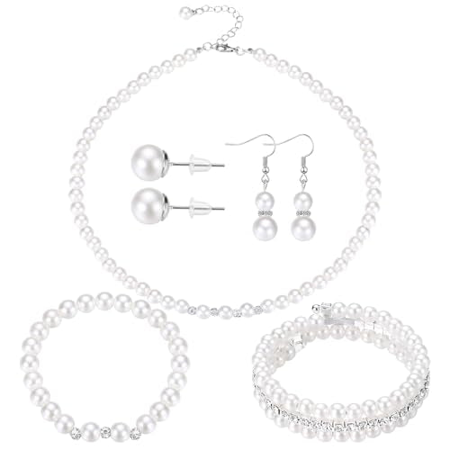 Glenmal Pearl Rhinestone Jewelry Set for Women Pearl Necklace Bracelet Earrings for Wedding Halloween Bridal Shower Tea Party - style: Novel Style