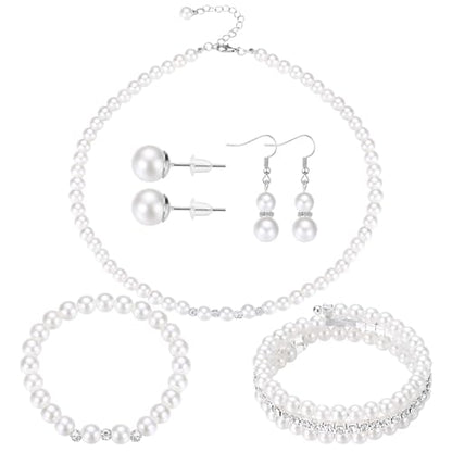 Glenmal Pearl Rhinestone Jewelry Set for Women Pearl Necklace Bracelet Earrings for Wedding Halloween Bridal Shower Tea Party - style: Novel Style