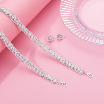 Women Rhinestone Crystal Jewelry Set Crystal Tennis Design Rhinestone Choker Necklace Link Bracelet Teardrop Earrings Set Wedding Bridal Bridesmaids Party - color: Silver Plated White Crystal（2）