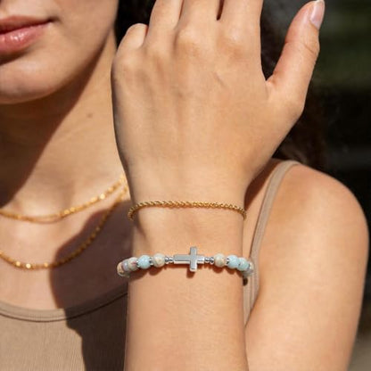 Natural Stone Stretch Bracelet for Women - Holy Water Elastic Cross Bracelet | Christmas Christian Baptism Gift, Meaningful Gifts, Unique Gift for Friends Mom Daughter Sister - style: cross-Friends