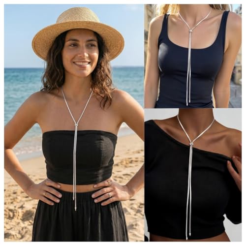 Chunky Long Y Necklace for Women, Waterproof Herringbone Drop Dangle Necklace, Adjustable Lightweight Trendy Fashion Slip Tie Necklace, Thin Layered Choker Chest Chain - color: Silver