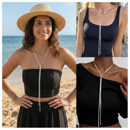 Chunky Long Y Necklace for Women, Waterproof Herringbone Drop Dangle Necklace, Adjustable Lightweight Trendy Fashion Slip Tie Necklace, Thin Layered Choker Chest Chain - color: Silver