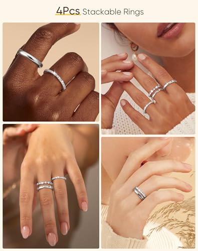 KSF 2Pcs / 3Pcs / 4Pcs Stackable Rings for Women, Gold and Silver Plated Stack Ring Set for Everyday Wear, Gift for Her - color: Silver-4pcs