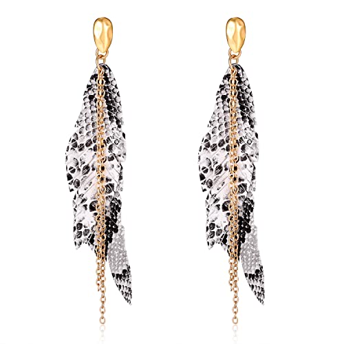 NVENF Feather Tassel Dangle Earrings for Women Bohemian Faux Leather Plume Gold-tone Metal Chain Fringe Statement Drop Earrings Vintage Ethnic Style Jewelry - color: White Black