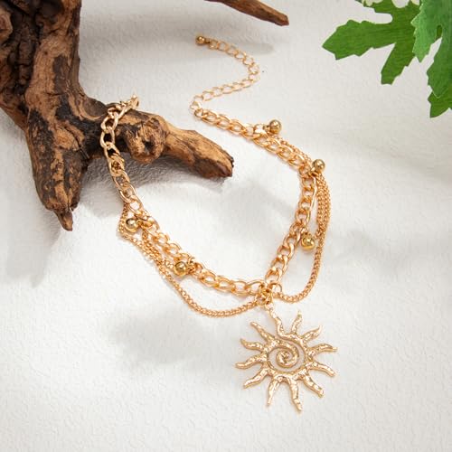 Gold Anklet for Women, Spiral Sun Charm Layered Boho Beach Ankle Bracelet Adjustable Double Chain Summer Beachy Ocean Jewelry Gift - color: Gold Sun