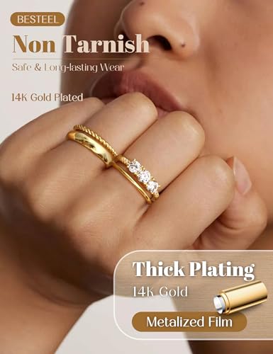 Besteel Gold Rings for Women - Non Tarnish 14K Gold Plated Stackable Rings, Dainty Cubic Zirconia Thin Thumb Ring Set, Trendy Statement Promise Wedding Bands Engagement Ring for Women Size 6-10