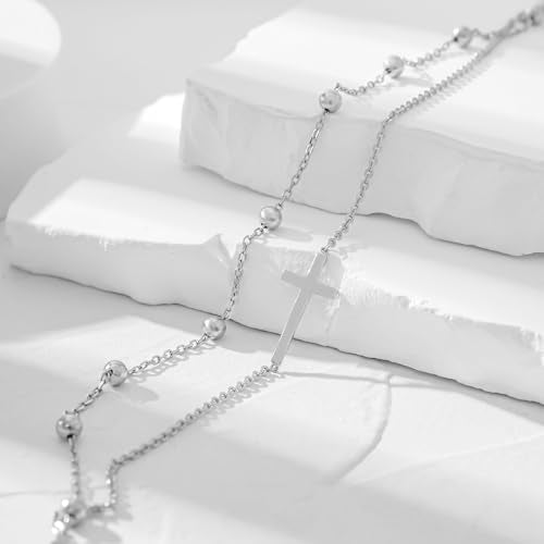 CHIC & ARTSY 925 Sterling Silver Ankle Bracelets for Women, Adjustable Layered Foot Chains with Nature & Symbol Charms, Lightweight Comfort Fit Boho Beach Everyday Jewelry - color: Cross/silver
