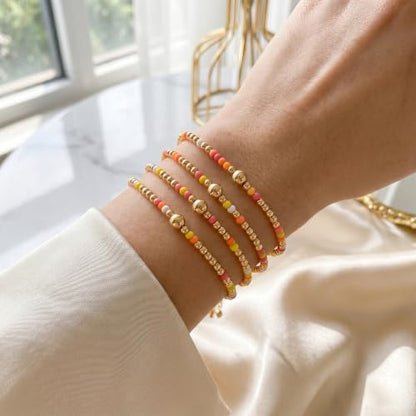 Seed Beaded Stack Bracelets Set for Women,Small Boho 4Pcs Colorful Handmade Dainty Trendy Gold Stretch Accessories Jewelry, Summer Daily Party Friendship Gift - color: Yellow