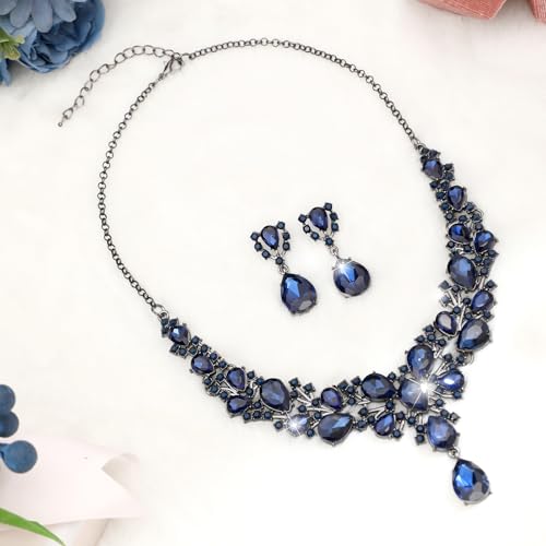 Hicarer Bridal Teardrop Cluster Crystal Jewelry Set for Women Necklace Earrings Wedding - color: Dark Blue