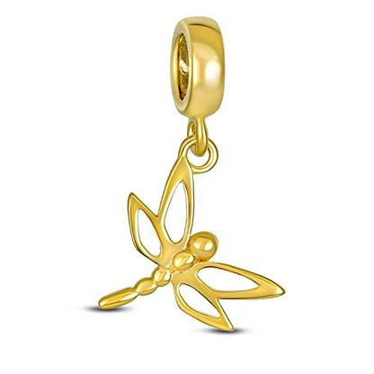 Bling Jewelry .925 Sterling Silver Dragonfly Firefly Butterfly Dangle Bead Charm For Women Teen 14K Gold Plated for Bracelet