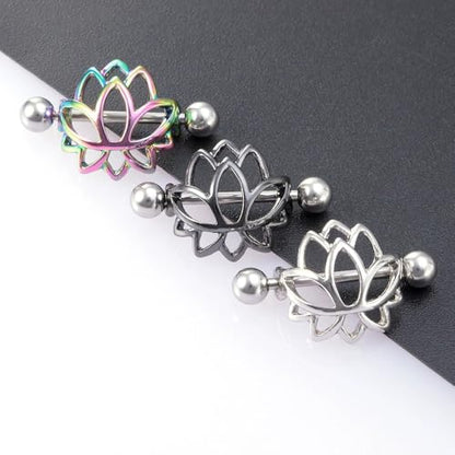 14G Stainless Steel Lotus Nipple Rings for Women Silver Black Colorful Flower Floral Nipple Shield Ring Straight Bar Nipplerings Nipple Barbell Body Piercing Jewelry - color: Silver