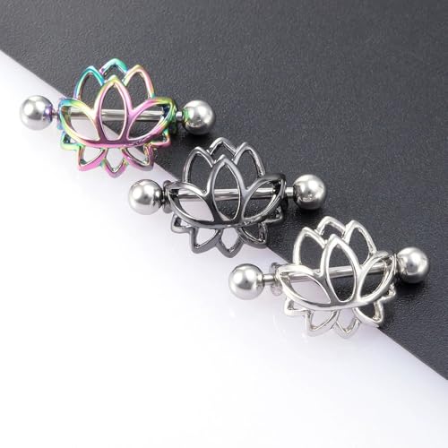 14G Stainless Steel Lotus Nipple Rings for Women Silver Black Colorful Flower Floral Nipple Shield Ring Straight Bar Nipplerings Nipple Barbell Body Piercing Jewelry - color: Black