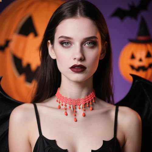 Gothic Necklace for Women Goth Lace Necklace Choker Halloween Witch Accessories Velvet Vampire Jewelry - color: Orange