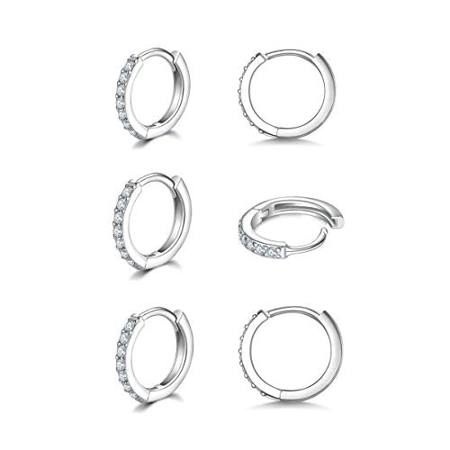 3 Pairs 925 Sterling Silver Small Hoop Earrings for Women Men | Cubic Zirconia, 14K White Gold Plated Huggie Hoop Earrings, Hypoallergenic - style: B-silver 8mm*3