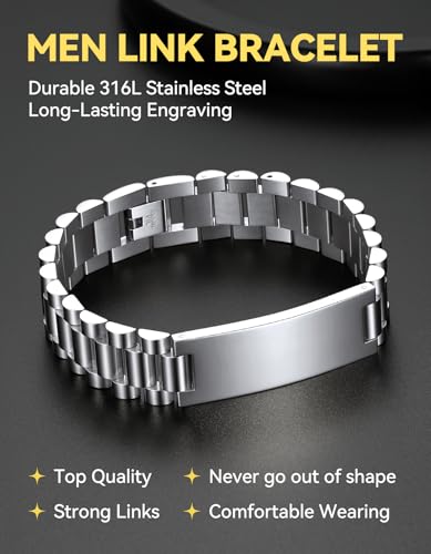 ChainsHouse Men Stainless Steel Bracelet Adjustable Custom ID Engraved Gift | Personalized Silver/Gold/Black for Birthday Father Husband Boyfriend with Gift Box Adjustable Tool 10mm/15mm/15.5mm 8.3"/8.7" - color: C.15mm Width-Silver-No Custom