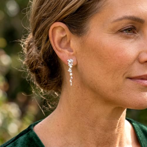 Sonateomber Gold Silver Pearl Rhinestone Dangle Earrings for Women, Elegant CZ Leaf Butterfly Bridal Earings Prom Wedding Fashion Jewelry Gift - color: Silver