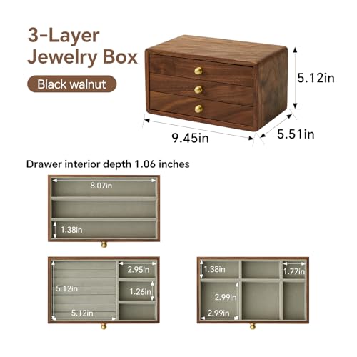 Wooden Jewelry Box, Large, Black Walnut Wood | For Women & Men, Velvet Lined Organizer, 3 Drawers, Brass Handles, Earring Ring Necklace Storage - size: 3 drawers
