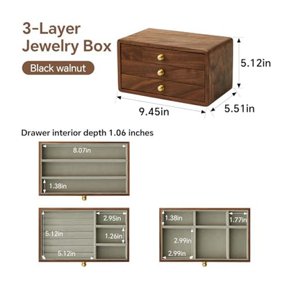 Wooden Jewelry Box, Large, Black Walnut Wood | For Women & Men, Velvet Lined Organizer, 3 Drawers, Brass Handles, Earring Ring Necklace Storage - size: 3 drawers