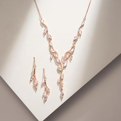 SWEETV Jewelry Set for Women, Cubic Zirconia Marquise Vine Cluster Bridal Earrings and Necklace Set, Bridal Jewelry Set for Wedding Prom - color: 02. Rose Gold