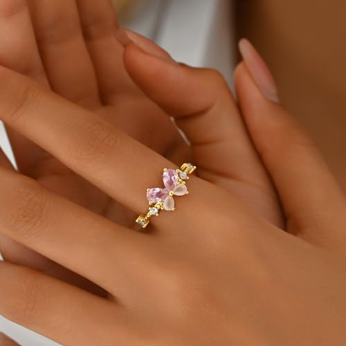 Adjustable Rings for Women 18K Gold Plated daisy Flower Butterfly Ball Cubic Zirconia Rings Dainty Open Stacking Ring - color: Pink Butterfly-Gold
