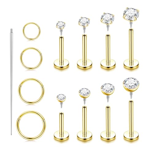 ORAZIO 14K Gold Plated Flat Back Earrings - 16G/18G 316L Surgical Steel Internal Thread CZ Stud Piercing Jewelry for Tragus Helix Cartilage Conch Hypoallergenic Nose Rings Lip Labret Medusa Piercing for Women Men - color: 14K Gold Tone, size: 18G(1mm)-Str
