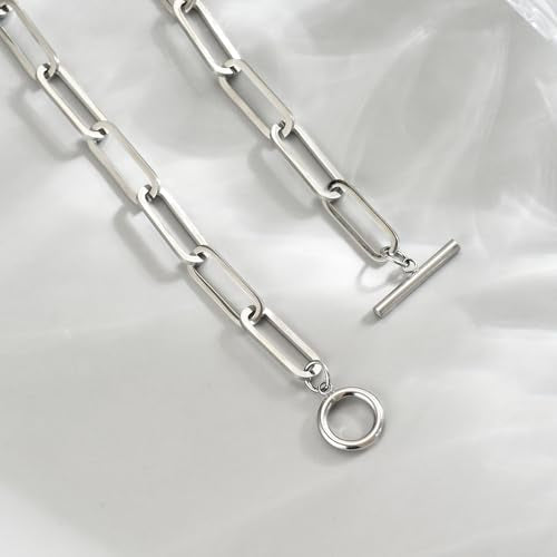 Chunky Gold Necklace for Women, 18K Gold Plated Paperclip, Figaro Link Chain Necklace, Toggle Clasp Necklaces, Trendy Non Tarnish Jewelry, Christmas Gifts - style: Paperclip Toggle 17.7''-White Gold