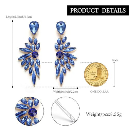 Women's Wedding Bridal Earrings Prom Dangle Earring | Shiny Crystal Teardrop Multi Marquise Cluster for Bride Bridesmaid Bling Jewelry Costume Party Accessories - color: 14-Blue Gold-Tone