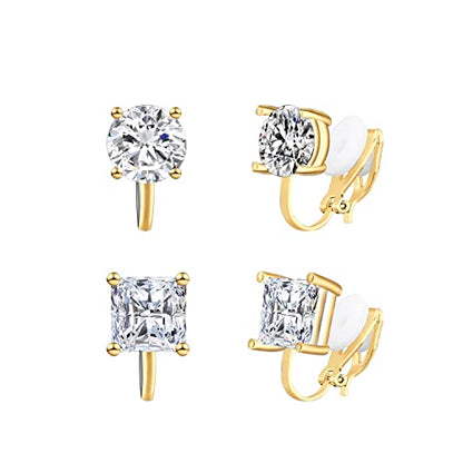 YOQUCOL 2 Pairs 8MM Cubic Zirconia Crystal Clip On Stud Earrings Non Pierced Stud Earrings For Women - color: Gold-White