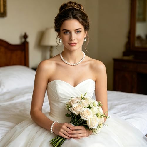 12 Pcs Pearl Necklace Jewelry Sets for Women- 4 Sets Classic 8mm White Faux Pearl Necklace Earring and Bracelet Set - Beaded Necklaces Jewelry for Wedding Bridal Shower Gifts