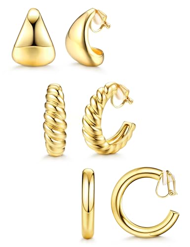 BESTEEL 3Pairs Clip on Earrings for Women Trendy Chunky Hoops Fake Earrings | Hypoallergenic 14K Gold Plated Lightweight Tube Croissant Waterdrop Clip-on Earrings Set Non Pierced Earrings Jewelry Gift - color: Gold-Stylish