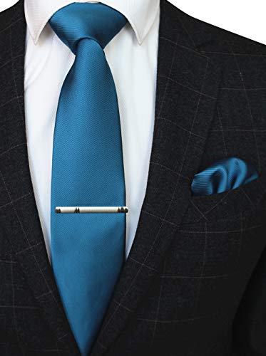JEMYGINS Solid Color Formal Necktie and Pocket Square Tie Clip Sets for Men - color: Peacock Blue