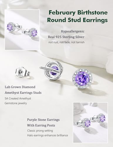 Dainty Birthstone Earrings for Women Sterling Silver Small Stud Earrings with Halo Cushion/Round Created Gemstone Earrings Birthstone Jewelry - style: B 02. Feb./created amethyst-round cut