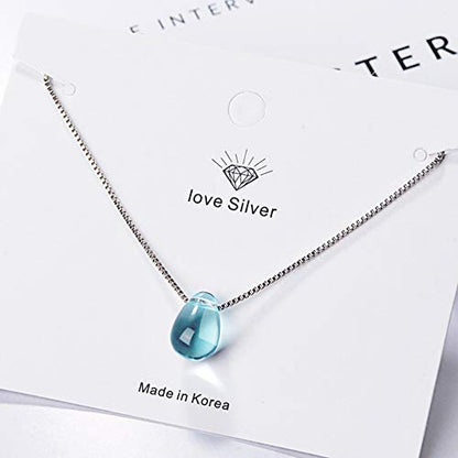 Caiyao Sweet Blue Waterdrop Round Bead Pendant Necklace Artificial Crystal Glass Simple Sea Teardrop Necklace for Women