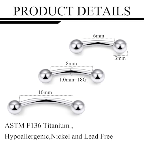 20g 18g 16g 14g Rook Piercing Jewelry Titanium Externally Threaded Curved Barbell Eyebrow Tragus Helix Conch Lobe Labret Earrings Lip Rings Body Piercing Jewelry For Women Men Ball Spike 6mm-19mm - size: 18G - 6/8/10mm Ball
