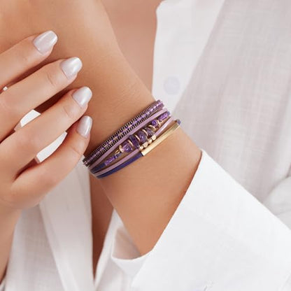 Boho Gemstone Beaded Leather Wrap Bracelets Stackable Chunky Cuff Bracelet Western Jewelry Cowboy Chic Country Concert Outfits for Women - color: Purple