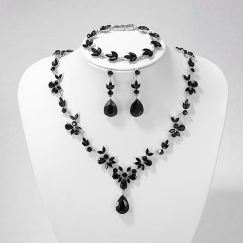 Kamirola Bridal Jewelry Set, Jewelry Set for Women, Necklace Dangle Earrings Bracelet Set, White Gold Plated (TR76) - color: Black (3 Pack)