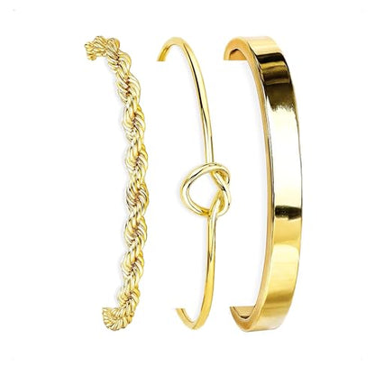 HERIER Gold Bracelets for Women 18k Gold Plated Bracelet Stack Bangle Cuff Bracelet Set for Women Non Tarnish Beaded/Paperclip/Cuban Link Chain Bracelets Jewelry for Women Trendy - style: Bangle Rope3-Gold
