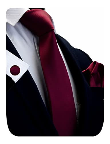 GUSLESON 3.15"（8cm） Solid Color Necktie and Pocket Square Cufflinks Sets For Men + Gift Box - color: Burgundy