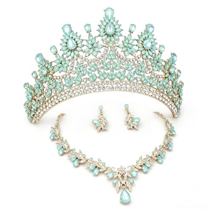 Crowns and Tiaras Jewelry Set for Women.Wedding (Gold Green) | Wedding Crown, Necklace Earrings, Princess Queen Birthday Party, Pageant Bridal, Costume Accessories - color: Opal Green