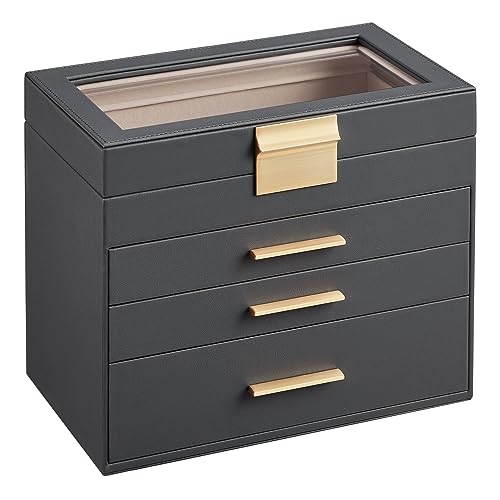 SONGMICS GISELLA Collection - Jewelry Box with Glass Lid, 4-Layer Jewelry Organizer, 3 Drawers, for Sunglasses, Big Jewelry, Jewelry Storage, Modern Style, Slate Gray and Gold Colour UJBC161C01 - color: Gray + Gold, size: 4 Layer (6"d X 9.9"w)