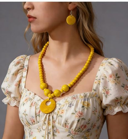 LOTSOF Boho Wooden Beaded Necklace and Earring Set for Women, Bohemian Chunky Statement Costume Jewelry, Round Drop Pendant Retro Ethnic Accessories Ladies Gift - color: Yellow