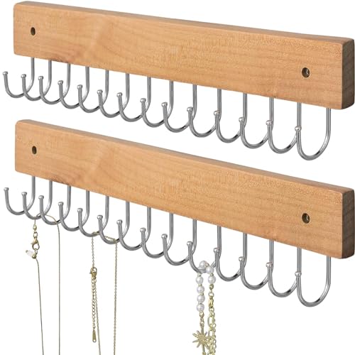 SCUNDA Wall Mounted Necklace Holder, Farmhouse Style Necklace Holder, Tangle Free Wall Jewelry Organizer with 28 Hooks(2 Packs,Natural) - color: Natural
