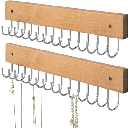 SCUNDA Wall Mounted Necklace Holder, Farmhouse Style Necklace Holder, Tangle Free Wall Jewelry Organizer with 28 Hooks(2 Packs,Natural) - color: Natural