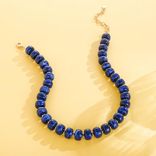 Beaded necklace for Women Boho Bead Gemstone Chunky Necklace Big Bead Necklace Fashion Trendy Summer Necklaces Jewelry Gifts - color: Blue Beaded