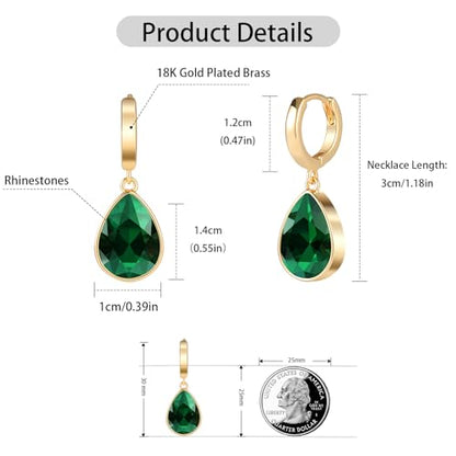 Crystals Teardrop Dangle Drop Earrings, 18K Gold Plated Hoop Earrings Zirconia Jewelry for Women Gifts - color: Green