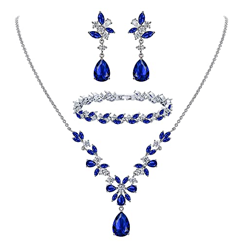 EleQueen Women's Wedding Bridal Jewelry Set for Brides Bridesmaids, Silver/14K Gold/Rose Gold Plated Cubic Zirconia Teardrop Necklace Dangle Earrings Bracelet Sets for Party Prom - color: 04-Sapphire Color-Necklace+Earrings+Bracelet