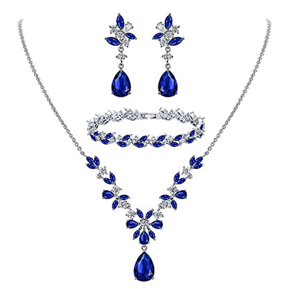 EleQueen Women's Wedding Bridal Jewelry Set for Brides Bridesmaids, Silver/14K Gold/Rose Gold Plated Cubic Zirconia Teardrop Necklace Dangle Earrings Bracelet Sets for Party Prom - color: 04-Sapphire Color-Necklace+Earrings+Bracelet