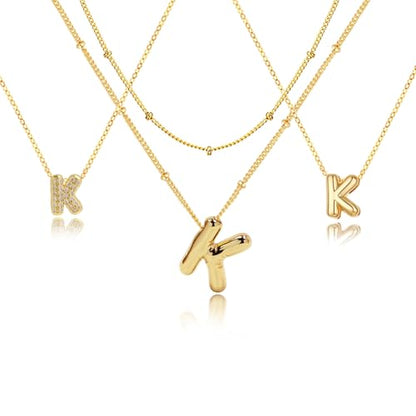 stino 4PCs Bubble Initial Letter Necklace Set, No Tarnish 14K Gold Plated Alphabet Pendant, Jewelry for Women - style: K