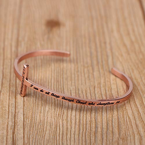 𝐂𝐫𝐨𝐬𝐬 𝐁𝐫𝐚𝐜𝐞𝐥𝐞𝐭 Religious Cuff Bangle 𝐁𝐢𝐛𝐥𝐞 𝐕𝐞𝐫𝐬𝐞 Christian Gifts Jewelry for 𝐖𝐨𝐦𝐞𝐧 - style: Rose gold-I can do all things through Christ who strengthens me -Philippians 4:13
