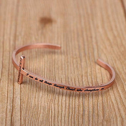 𝐂𝐫𝐨𝐬𝐬 𝐁𝐫𝐚𝐜𝐞𝐥𝐞𝐭 Religious Cuff Bangle 𝐁𝐢𝐛𝐥𝐞 𝐕𝐞𝐫𝐬𝐞 Christian Gifts Jewelry for 𝐖𝐨𝐦𝐞𝐧 - style: Rose gold-I can do all things through Christ who strengthens me -Philippians 4:13